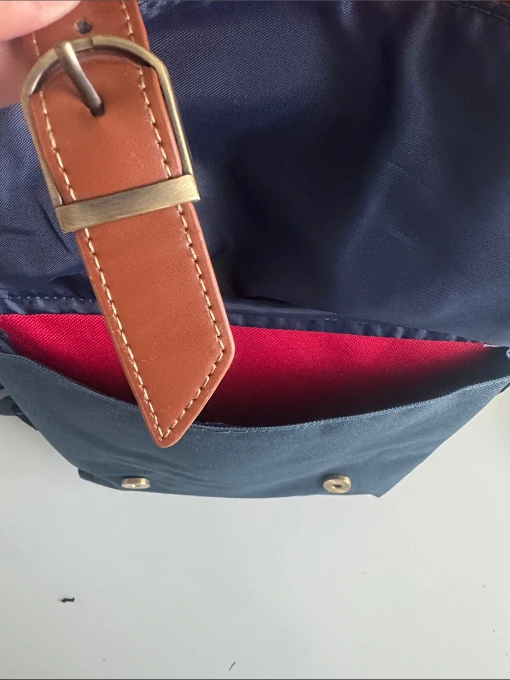 Navy and Red Canvas Backpack with Brown Trim